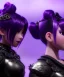 Placeholder: Detailed cute anime Kunoichi girl, purple hair buns, purple bangs, black latex bodysuit, intricate details, full body portrait, keep head in frame, slight smile, black Japanese motif, concept art, highly detailed, digital painting, concept art, sharp focus, illustration, art by Yoji Shinkawa, WLOP and greg rutkowski and alphonse mucha and artgerm and yanjun Chen and Junji ito and Makoto Shinkai, HDR, octane render