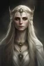 Placeholder: female elf queen, with elvish crown, with long blonde hair, with grey eyes, with white dress, with melancholic expression
