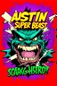 Placeholder: comic scary super hero mad crazy wild super head big title with movie poster title: Austin super beast, 90s style, angry fast, extreme, wild, so so so so angry, tough sexy red and purple background with 90s comic style slashes