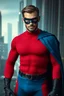 Placeholder: full-length, A portrait of a man with piercing blue eyes, a chiseled jaw, goatee, timeless face, stern expression, Wearing a skintight formfitting red, textured cotton hero suit, he wears a thin, black leather, bandit eye disguise over his eyes, blue trunks, a black belt with silver buckle, black wrist gauntlets, knee-high black leather boots, blue cape, capital letter 'M' on chest, a futuristic cityscape background