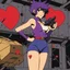 Placeholder: Faye Valentine from Cowboy Bebop in her iconic outfit and her violet short hair, standing in a spaceship hangar, confidently firing her handgun in front of a large cardboard box with a red heart drawn on it. Bullet holes form the outline of a heart shape in the cardboard. Smoke curls from the fresh holes. She faces the box with one hip cocked, stylish and cool, wearing her iconic yellow crop top, red jacket, black shorts, and thigh-high stockings. Noir lighting, cinematic shadows, retro-futur