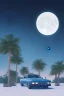 Placeholder: 1980's aesthetic vaporwave palm trees with lighting with moon with bmw in the winter snow