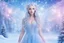 Placeholder: very beautiful fairy women with long hair, little smile, with cosmic silver metallic blue and pink suite and brightly earings. in the background there is a bautiful little magic forest with snow and light bluesky with stars and light beam