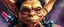 Placeholder: close up portrait with fine pores and real skin texture, clear transparent skin, wise eyes, hairy macho disco gremlin alien pimp indian Homunculus – living in a hi tech marvellous hot dog art graphics and gems on rocket with a mounted sling shot mega harpoon, heading for venus , background motion blur and smoke swirls