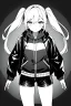 Placeholder: blonde girl with pigtails dressed in a jacket and shorts makes her way in the dark with a flashlight, greyscale