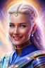 Placeholder: young cosmic woman smile, admiral from the future, one fine whole face, large cosmic forehead, crystalline skin, expressive blue eyes, blue hair, smiling lips, very nice smile, costume pleiadian,rainbow ufo Beautiful tall woman pleiadian Galactic commander, ship, perfect datailed golden galactic suit, high rank, long blond hair, hand whit five perfect detailed finger, amazing big blue eyes, smilling mouth, high drfinition lips, cosmic happiness, bright colors, blue, pink, gold, jewels, realistic