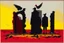 Placeholder: ong-legged surreal lean black-grey figures with beak-shaped heads in overcoat, profile, semi-silhouettes among ramshackle ruins in a barren landscape of red, yellow, black and beige colors, intricate acrylic painting