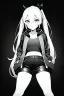 Placeholder: blonde girl with ponytails dressed in a jacket and shorts walk in dark corridor, greyscale