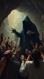 Placeholder: Bosch painting style nightmares, of people are crying and begging with hands up like praying in fear , all picture filled people in cave and looks like hell , a big scary mysterious hooded black creature is standing in the middle , all afraid of him.