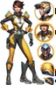 Placeholder: Conceptual artwork for an Overwatch character skin that envisions Tracer from Overwatch as a Power Ranger, helmet included, maintaining the original color scheme and elements of her primary attire.