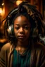 Placeholder: earthy black young woman listening to music with small old school headphones, soul, peace, majestic, earthy colours, at peace, happy, incense, jewels, bands, natural, old school headphones, blasian eyes, incense, without epicanthal eye folds, very darker skin tone