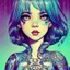 Placeholder: singer Melanie Martinez face, beautiful cyberpunk, hyperdetailed, illustration by Katsushika Hokusai, darkblue tones, hair two tones,