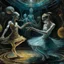 Placeholder: Occultic corrupting presence out of the liminal parallel world, mixed media, an otherworldly ballerina with a wicked wide grin hovering over a sleeping woman whose visible soul is leaving her being transferred into a vial the ballerina holds, 'Pan's Labrynth' movie aesthetic, surreal, sinister, and fantastical