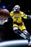 Placeholder: lebron james in space with steph curry and a basketball dunking