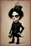 Placeholder: black haired black eyed young man necromancer steampunk goth Gnome that looks like a young Edgar Allan Poe with gothic jewelry in the style of Charles Addams