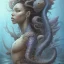 Placeholder: sango fantasy, fantasy magic, intricate, sharp focus, illustration, highly detailed, digital painting, concept art, matte, artgerm and paul lewin and kehinde wiley, masterpiece sexy lips Hawaiian afro lips black African lady body mermaid lionfish head blue space lady beach sea under water mermaid seaweed