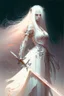 Placeholder: Warrior, wielding a long sword, in a white dress, white hair, long hair, cybernetic eyes, standing in mists, Female, dark art, Ivory Peach skin, cute