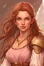 Placeholder: charismatic adventurer. eladrin woman. beautiful. sharp features. smirk. brown eyes. messy long redish-brown hair. light pink and brown medieval adventuring clothing. gold scale freckles.