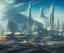 Placeholder: Art by John berkey, Spaceport on a heavy industrialized planet with a futuristic city in the background and a docked spaceship in the foreground, retrofuturistic, buildings with glass facades, insanely detailed, vibrant, 8k uhd, cinematic atmosphere, ultra-wide angle, street level view, brush strokes, blue sky with clouds, sharp focus