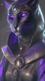 Placeholder: photorealistic female tabaxi black jaguar sorcerer, glowing eyes, hyperdetailed painting, black clothes trimmed in purple and silver, 4k resolution concept art, Artgerm, WLOP, Alphonse Mucha, 3d render, octane render, intricately detailed, cinematic, Isometric, Centered hipereallistic cover photo awesome, dark, gritty, realistic mucha, klimt, cinematic, background is nighttime forest scene with mist