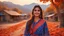 Placeholder: The image should depict a serene evening scene of a traditional Pakistani village at sunset, featuring a (closeup face view of a) young happy woman adorned in a vibrant red and blue checkered dress, surrounded by rustic houses, thick trees with orange dry leaves falling and breathtaking mountain landscapes along with lots of dry orange leaves fallen on the ground, bathed in soft golden light and dramatic hues of orange, pink, and purple.