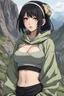 Placeholder: Anime goth, croppedhoodie, underboob, mountainous horizon, 1girl, toph, bangs, black hair, blind, grey eyes, hair between eyes, hair bun, hairband, short hair, cropped hoodie underboob, cropped hoodieunderboobhoodie