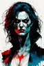 Placeholder: create a highly ethereal, darkly magical full body portrait illustration of a ragged malevolent Brujah female vampire , with highly detailed and deeply cut facial features, in the comic art style of FRANK MILLER and BILL SIENKIEWICZ, searing lines and forceful strokes, precisely drawn, boldly inked, with vibrant colors