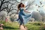 Placeholder: very beautiful lady with makeup curvy hair pretty jeweled lace gray blue dress high heels, full body dancing gracefully in heaven like country side with dreaming trees flowers in a furistic world,birds