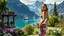 Placeholder: a picture of very beautiful lady with makeup and beautiful sports pant and top with hula hope in her hip,standing in a nice villa yard with trees flowers ,in country side in floor of beautiful mountains ,sea with ships ,water falls,16 by 9