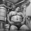 Placeholder: full figure shot photography, ugly turkish chubby plumber repairs boiler, burly, shirtless, hairy allover, manly chest, muscular big beefy 40 years old, dressed in boxer, big thighs, seen from below, frontal view, ambient occlusion, side light