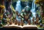 Placeholder: book cover oil painting of archeologists discovering woodland creatures in Rivendell worshipping big fat alien troll statues with many head and idols like from a myth or legend, on a strange planet with weird colors and waterfalls, bokeh like f/0.8, tilt-shift lens 8k, high detail, smooth render, down-light, unreal engine, prize winning