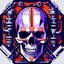 Placeholder: A flat vector icon of a mechanical human skull, layered, bilateral symmetry, inframe, one subject, purple orange and red dynamic lighting,