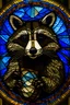 Placeholder: realistic mesmerizing stained glass window depicting a raccoon saint playing a drum; mosaic with defined tile edges, subdued colors, best quality, fragile, dynamic, transparency, photo realistic