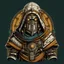 Placeholder: DND style of a steam punk robot with his face covered in a shemagh, he is a cleric of Moradin and has a shield with his symbol on it.