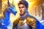 Placeholder: beau jeune homme, visage viril très beau, comme Belmondo, léger sourire, chevauchant un superbe et gentil dragon violet clair, homme en armure dorée,yeux bleus, biches près des arbres sous la neige, étoiles, lumière dorée