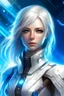 Placeholder: beautifull woman starship chief commander, white jumpsuit bright galaxy, white hairs, leader galactic, angel light warior, chief leader, white clear spaceship, very clear blue eyes, angel