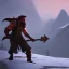 Placeholder: a male bearded fantasy hero fighting a goblin with a Warhammer in the mountains