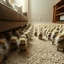 Placeholder: digital photography, long shot of the floor under a couch where an infinity stretches of an army of anthropomorphic fluff weasel hairball soldiers aligned in marching formations, fantastical, intricate details