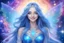 Placeholder: A beauty Fairy women with long blue straight hair, with a beautiful face, and Blue big eyes. She has Crystal wings and sweety elegant smile.She Is a magic sacred dancer in cosmica ceremony..the background Is a magic coloured bright galaxy, with a stars. She Is so fine gentle and with grace