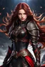 Placeholder: full body picture of a young woman with long brown hair, fantasy, dark, wearing black and red leather fantasy armor, evil, red eyes, smirk, confident, arrogant, anime, high resolution, hi res, detailed, intricate, fighting, warrior, detailed background, 8k resolution