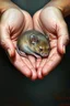 Placeholder: Bosch paint style in oil painting style of a mouse peacefully sleeping in an open hands , The mouse’s fur harmonizes with the scene, that blend with the warmth of the hands , contrasting with natural hands skin