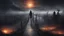 Placeholder: walking straight ahead over a wooden bridge, holding the angel of death with your right hand, entering the fog at the end of the road that leads to the afterlife, and a beautiful sunset and galaxy's behind the fog, realistic