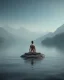 Placeholder: person meditating floating above water with mountains in the background