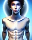 Placeholder: beautiful, slender, 10 year old arabic boy with very long curly hair and light blue eyes, shirtless