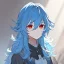 Placeholder: Clear focus, High resolution, rough line sketch art, blue hair, fluffy hair, between eyes, red eyes, no light in eyes