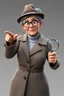 Placeholder: Create a realistic 3D scene of an elderly woman with gray hair tied up in a bun, wearing a trench coat and a detective hat. The image must show the elderly woman in full body, in a dynamic pose. She should be pointing with one hand, while holding a magnifying glass in the other hand. Your expression should be one of surprise or impression, as if you have just discovered something important. The image should capture the moment of discovery, with attention to detail in clothing and accessories, re
