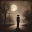 Placeholder: Create a vintage-style image with a sepia-toned color palette, depicting a silhouette gently dissolving into the dark night. The figure should be caught in a moment of melancholic tranquility, appearing to merge with the moonlight that filters through the scene. Incorporate illicit sparkles reminiscent of a long-gone time, flickering against the subtle, somber backdrop. Add delicate red as a subtle highlight, using selective color to draw the eye to specific elements within the composition. The