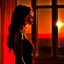 Placeholder: A silhouette of a sensual tender girl longing for a kiss, looking at the sunset from the window that creates her shadow.