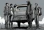 Placeholder: four persons, standing, silhouette, comic book,post-apocalypse, gray background, backpack, pickup truck,
