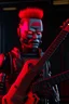 Placeholder: 4K realistic A robot terminator with a red punk crest playing bass